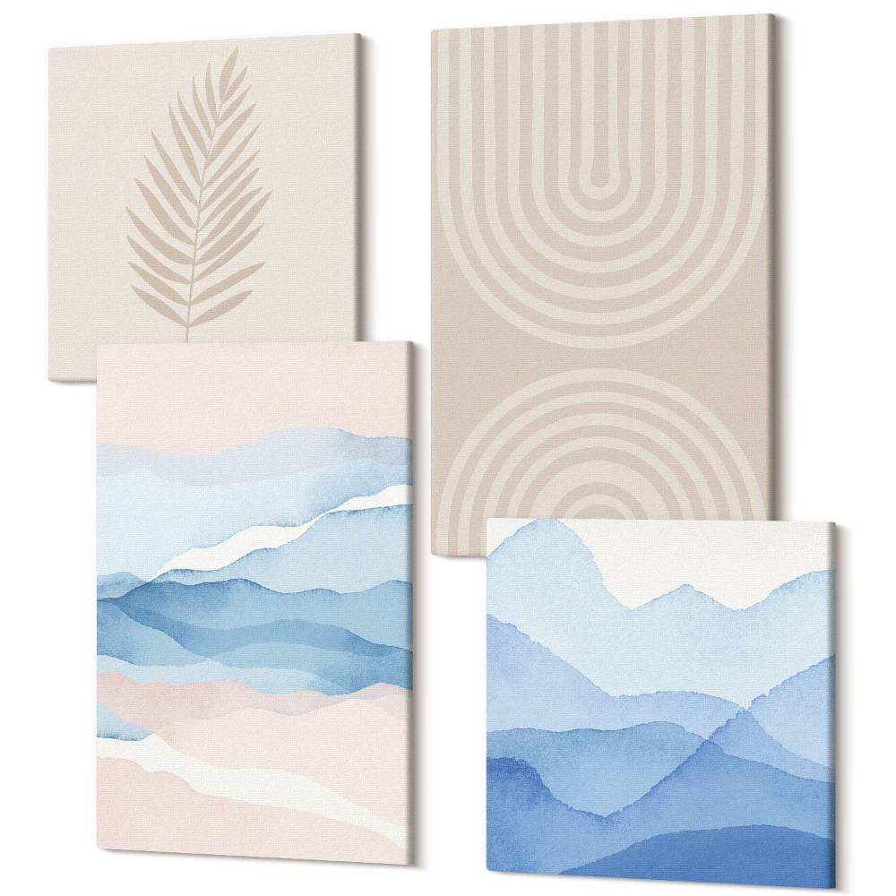 Sada obrazů kvadryptych Listy a vlny v odstínech béžové a modré