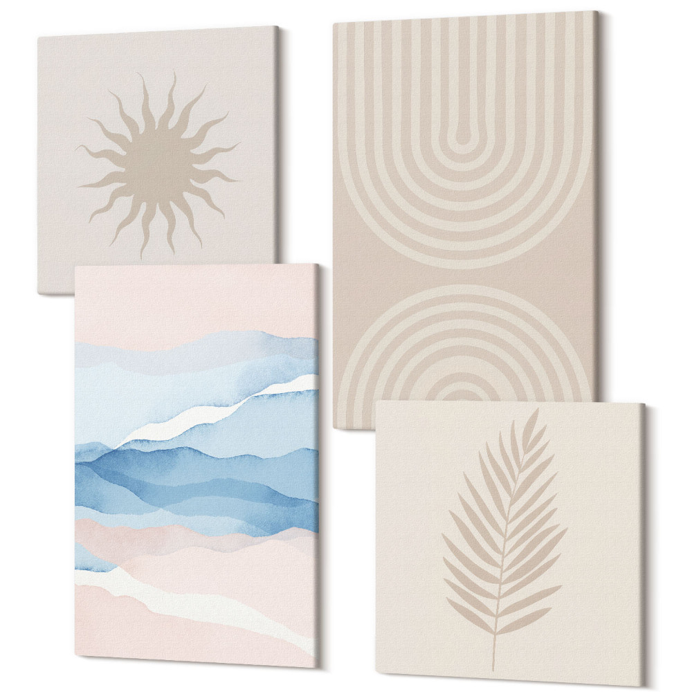 Sada obrazů na zeď kvadryptych Slunce, vlny a abstraktní linie v pastelových barvách