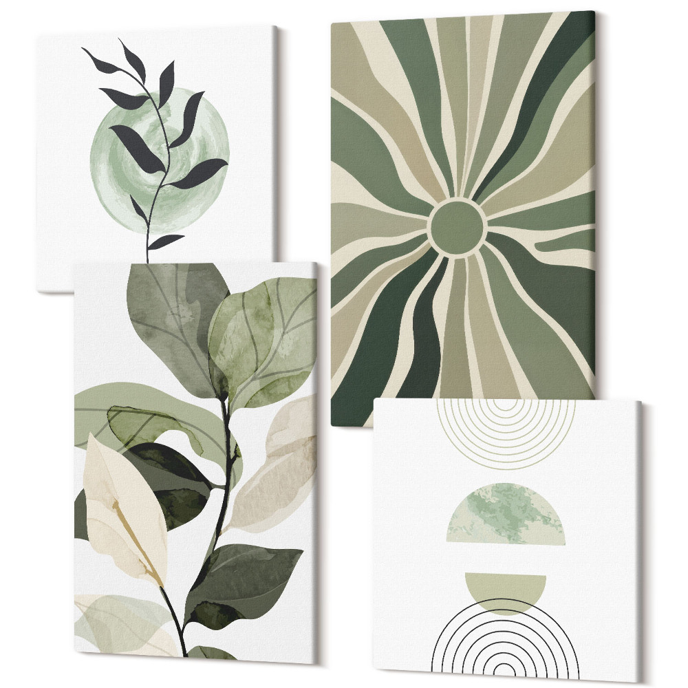 Sada obrazů na zeď kvadryptych Rostlinné motivy s geometrickými tvary v zelené barvě