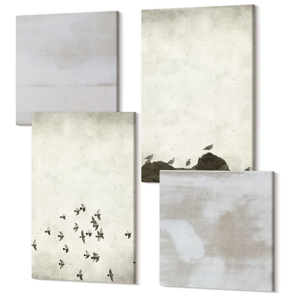 Sada obrazů kvadryptych Ptáci v letu a zoufalé textury v minimalistickém stylu