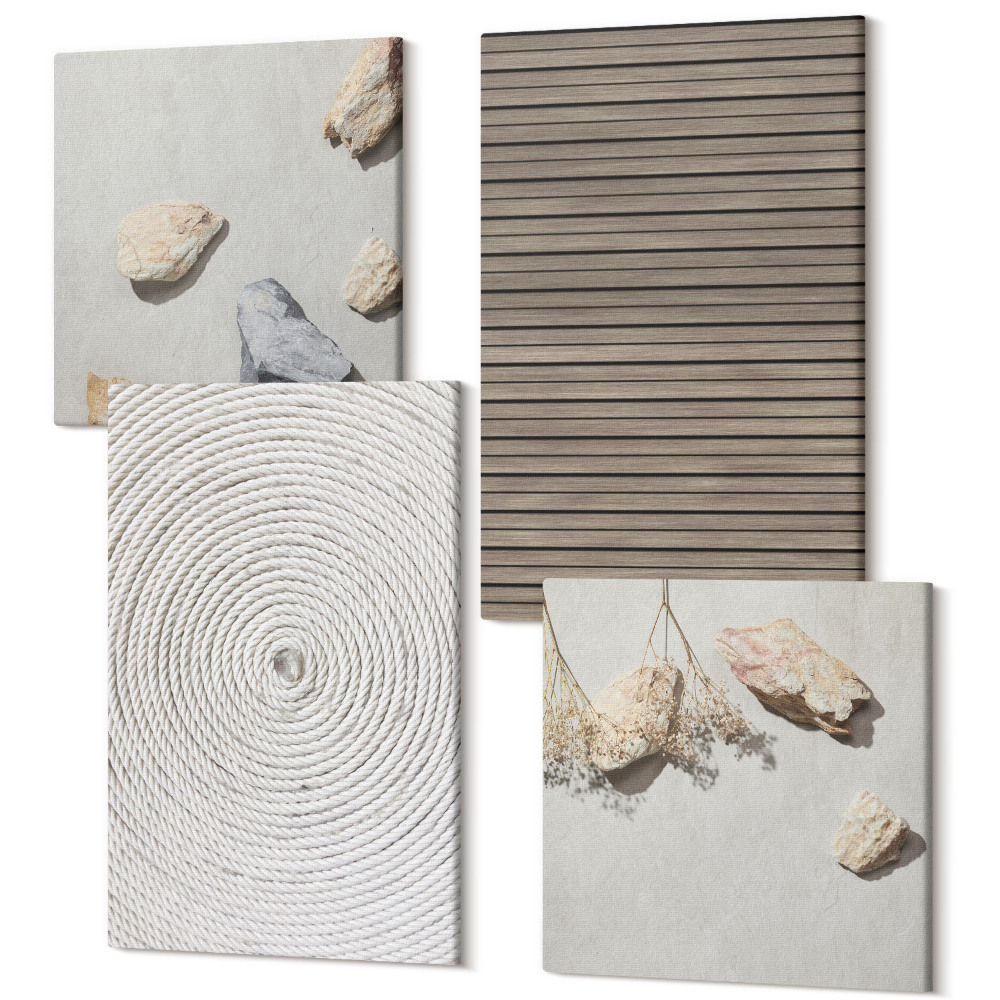 Sada obrazů kvadryptych Přírodní textury dřevěné kameny lano