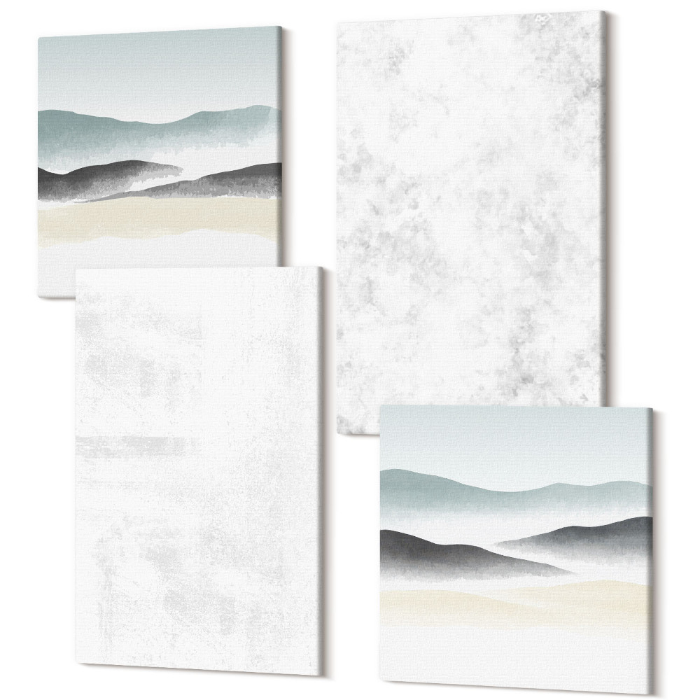 Sada obrazů na zeď kvadryptych Bílé skvrny na plátně a abstraktní pohledy na minimalistické pozadí