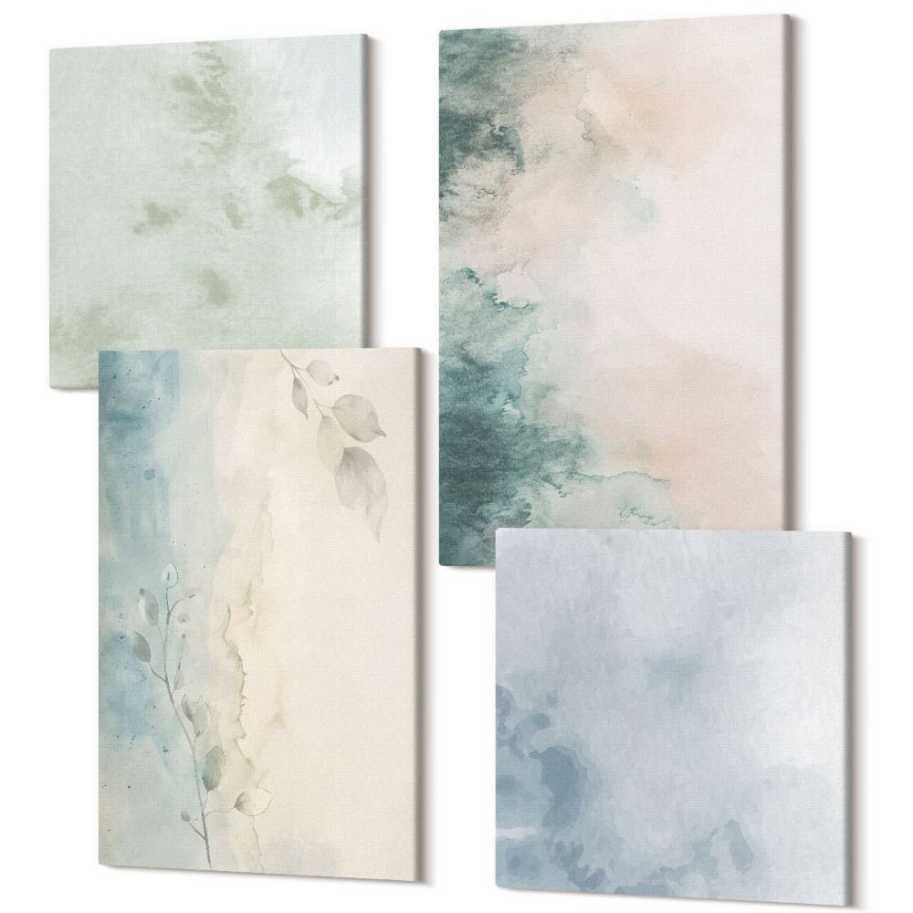 Sada obrazů na zeď kvadryptych Rozlité akvarely na plátně v minimalistickém stylu