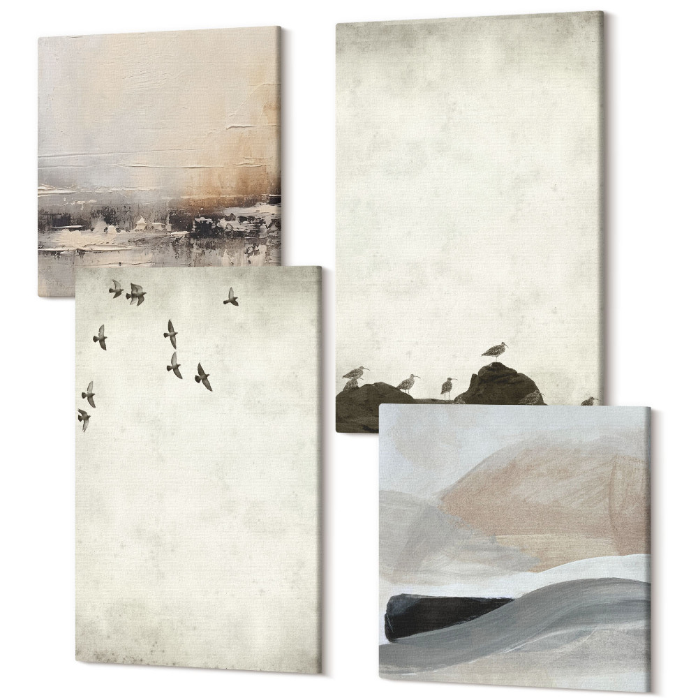 Sada obrazů kvadryptych Ptáci, kameny a tahy štětcem minimalistické dekorace