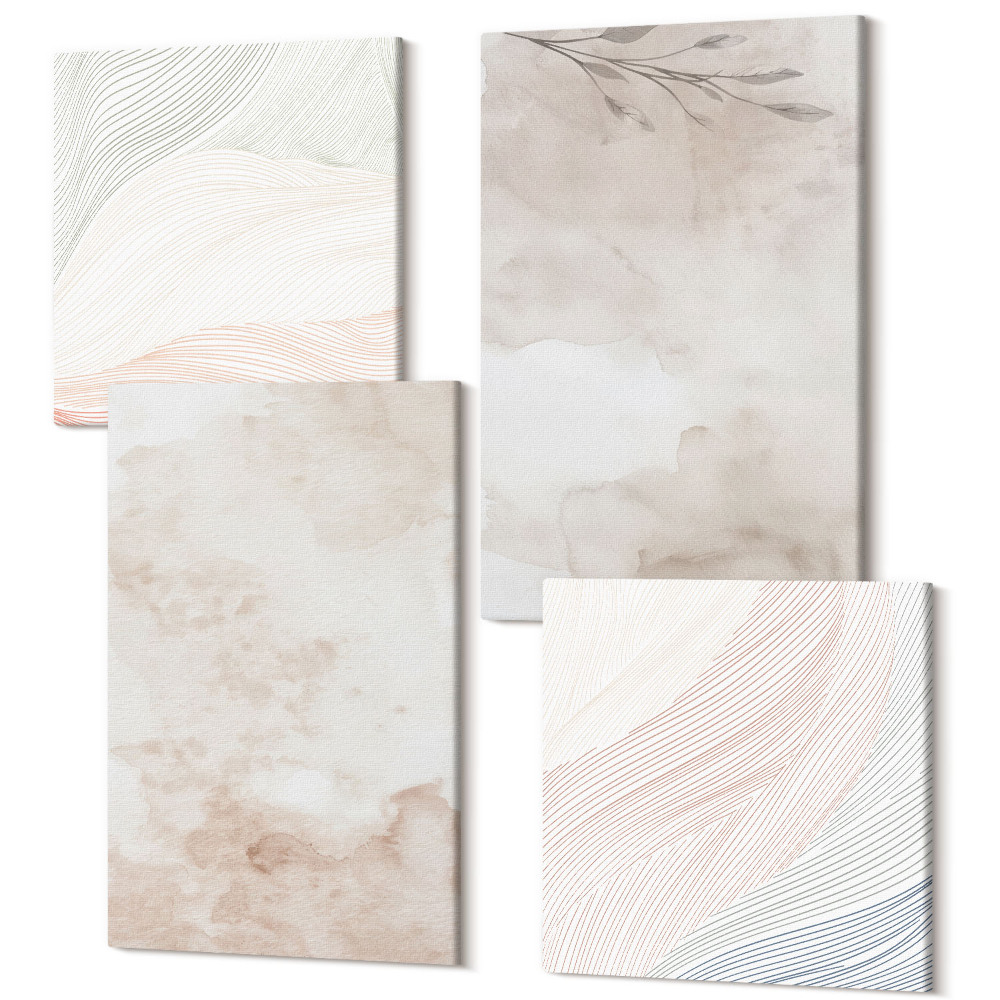 Sada 4 obrazů Akvarel skvrny a listy v pastelových barvách