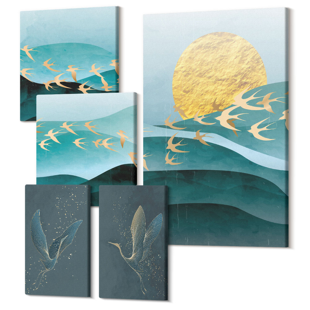 Sada obrazů na zeď pentaptych Harmonie přírody s ptáky a vlnami v moderním stylu