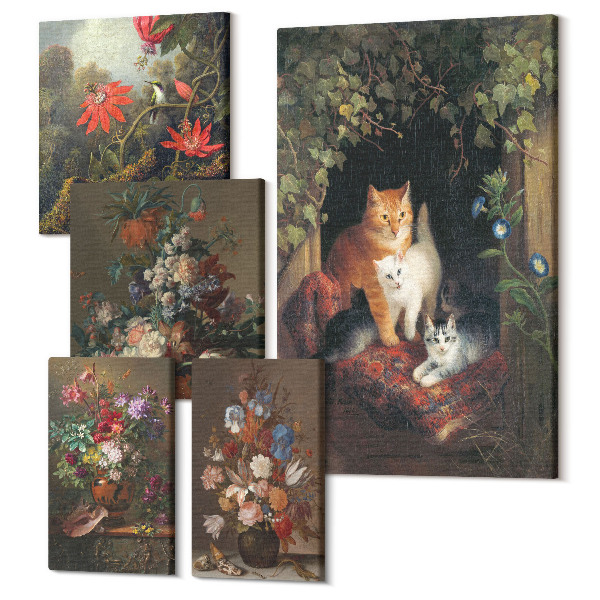 Sada obrazů pentaptych Květinová aranžmá a rozkošné vintage kočky