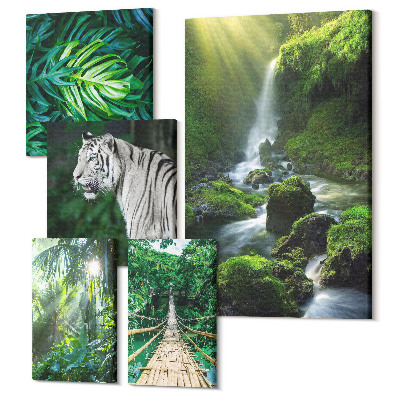 Sada obrazů pentaptych Tropické krajiny s divokou zvěří a zvířaty