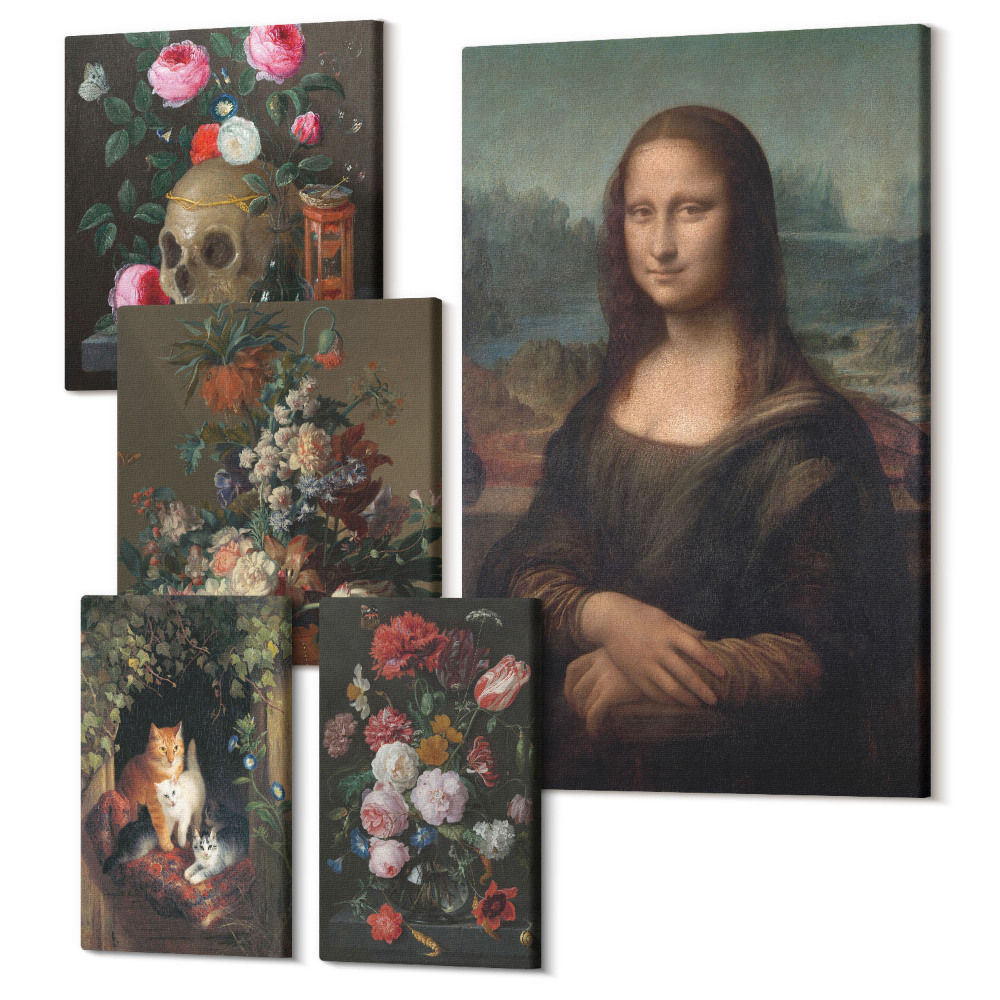 Sada obrazů pentaptych Květinová aranžmá a klasické vintage portréty