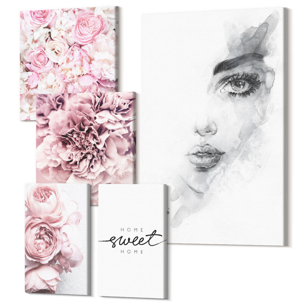 Sada 5 obrazů Květinové akcenty s portrétem a nápisem o domě
