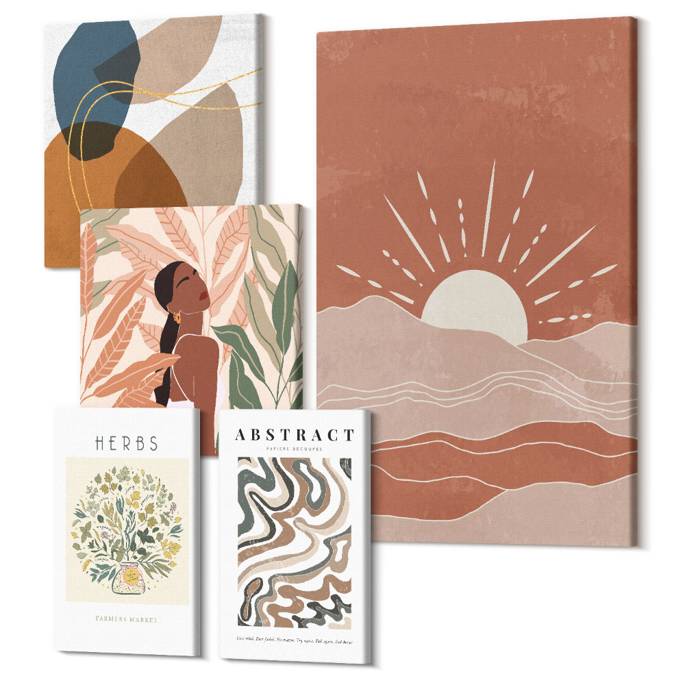 Sada obrazů na zeď pentaptych Boho styl s rostlinnými motivy a abstraktními vzory