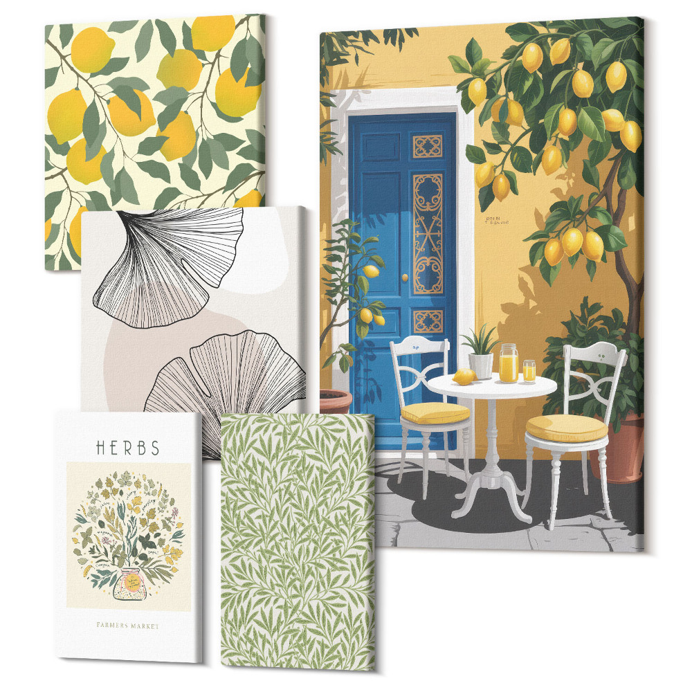 Sada obrazů na zeď pentaptych Stylové akcenty v rostlinných a ovocných motivech