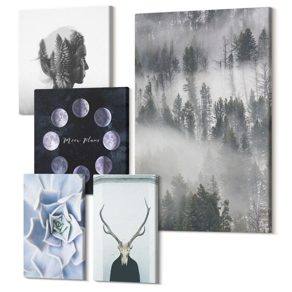 Sada obrazů pentaptych Přírodní lesní motivy a vesmírné jevy