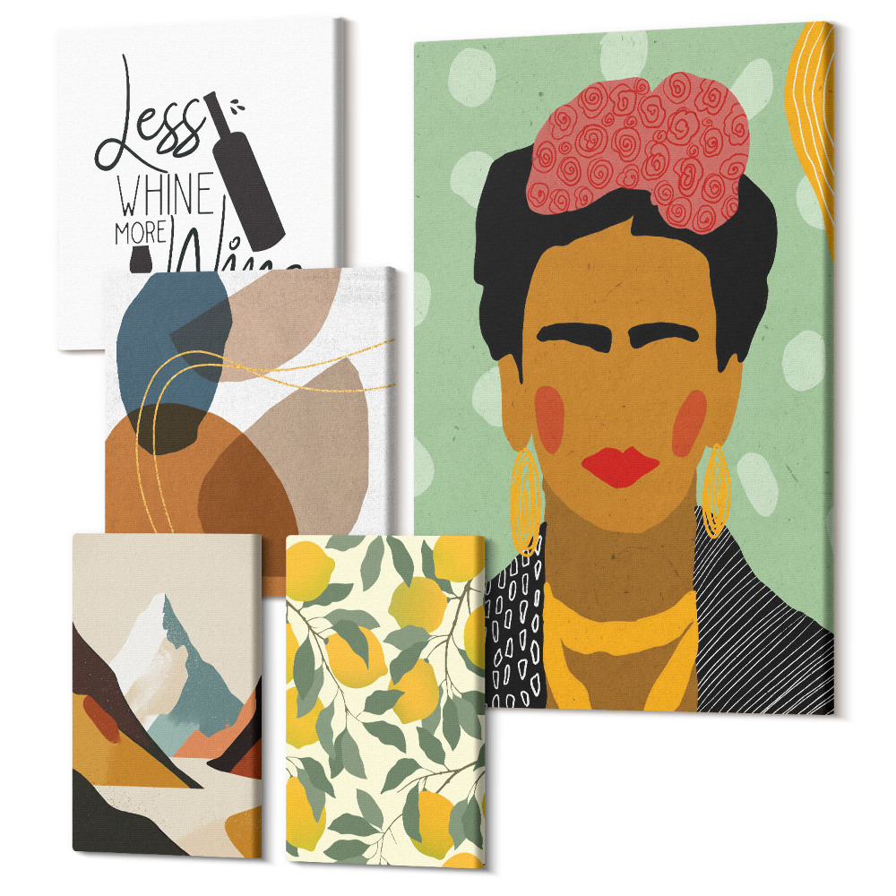 Sada obrazů na zeď pentaptych Boho styl s portréty a abstraktními vzory