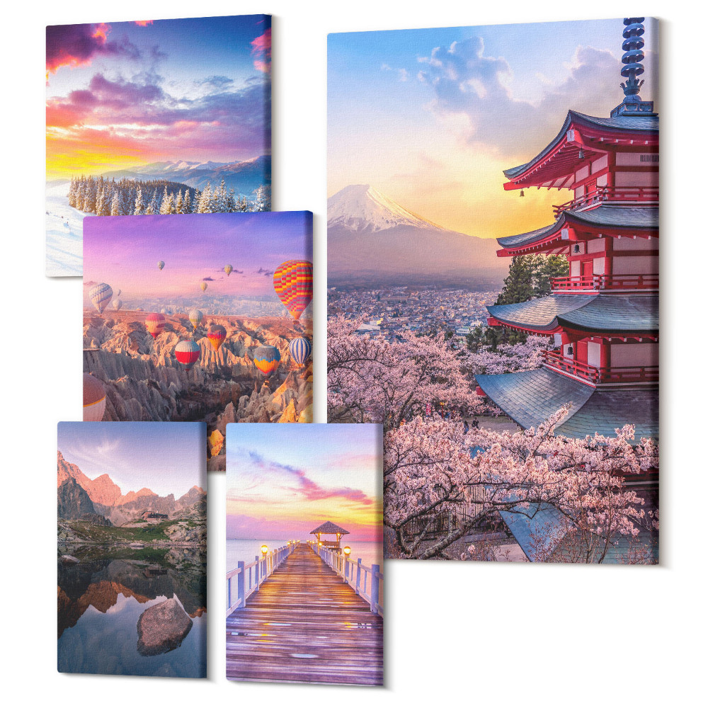 Sada obrazů pentaptych Asijské krajiny s horami a kvetoucími stromy