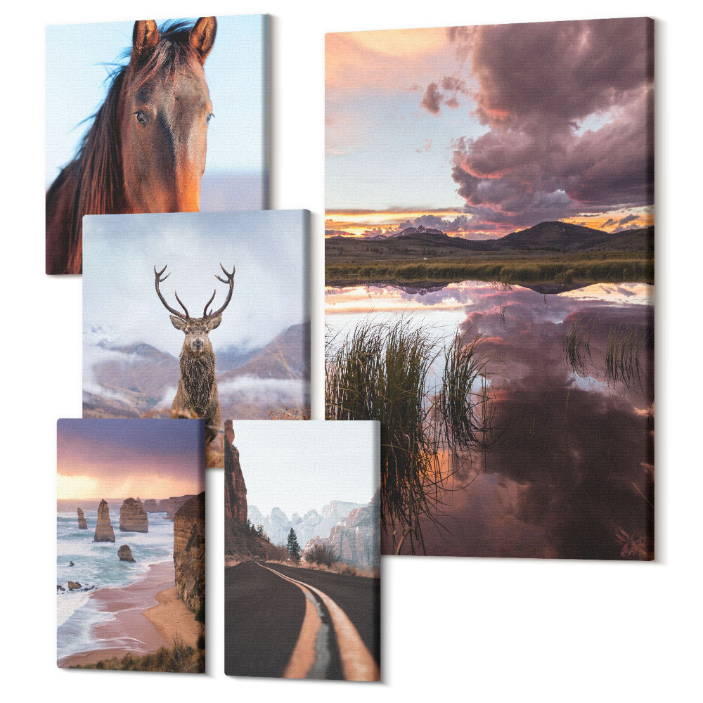Sada obrazů pentaptych Přírodní krásy krajiny a zvířat v přírodě