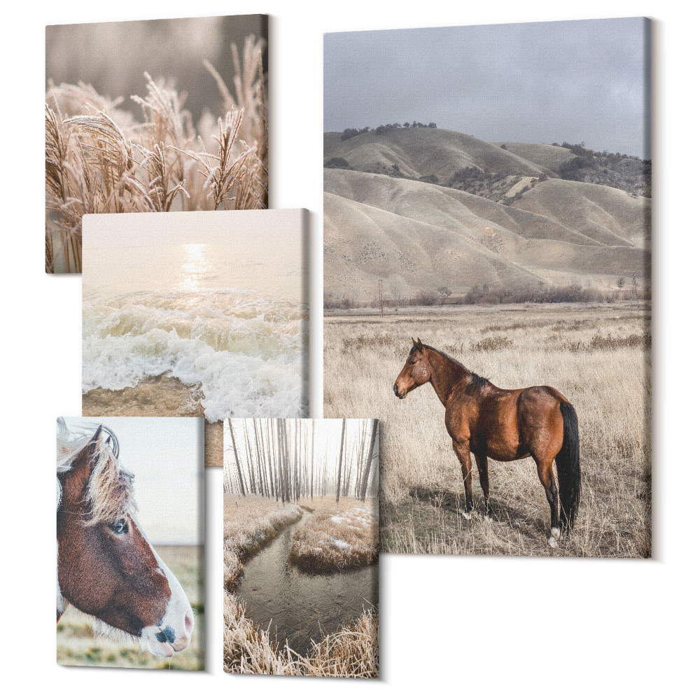 Sada obrazů na zeď pentaptych Přírodní krajiny s koňmi a klidnými vodami