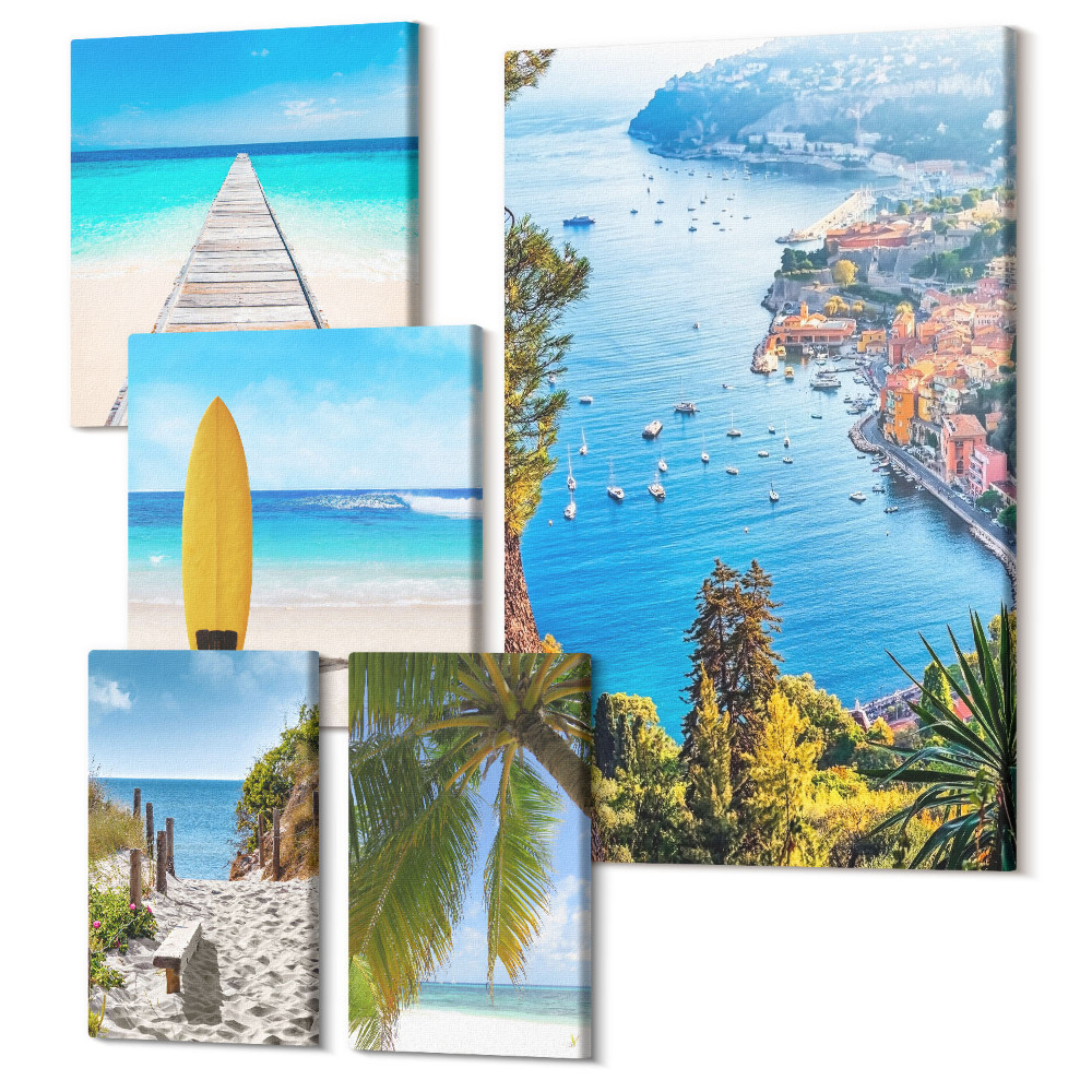 Sada obrazů pentaptych Pobřežní krajina s plážemi a tyrkysovými vodami