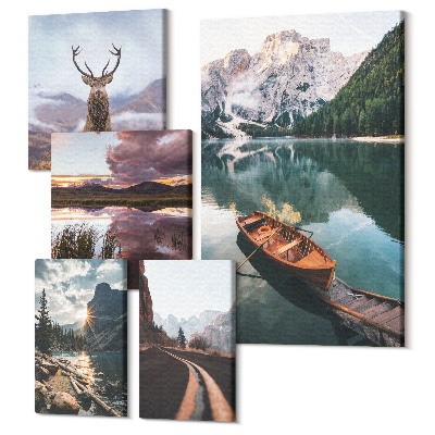 Sada 5 obrazů Přírodní krajiny s horami, jezery a divokou zvěří
