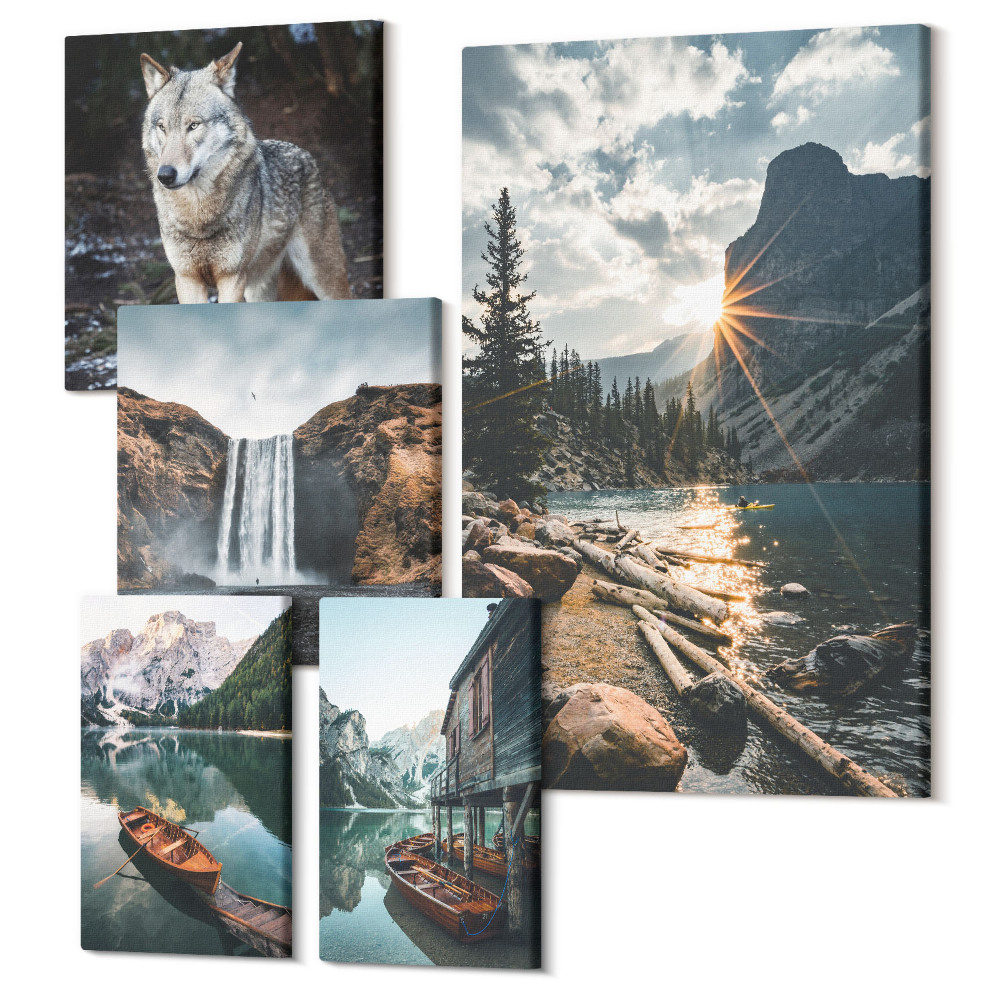 Sada obrazů pentaptych Přírodní krajiny s divokou zvěří a vodopády