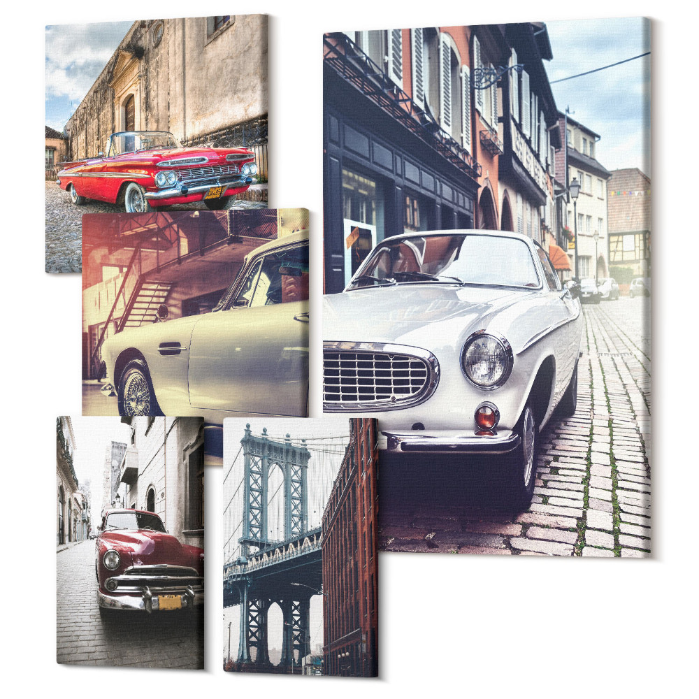 Sada obrazů pentaptych Stylová klasická auta v městském prostředí
