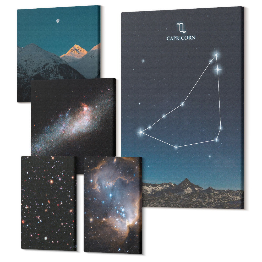 Sada obrazů na zeď pentaptych Kosmické krajiny a hvězdná souhvězdí v moderním stylu