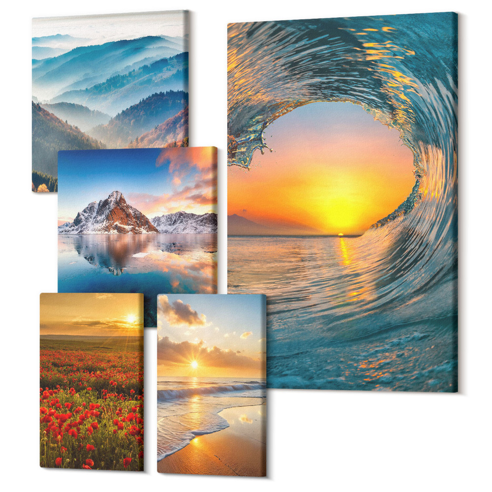 Sada 5 obrazů Přírodní krajiny s mořem, horami a květinami