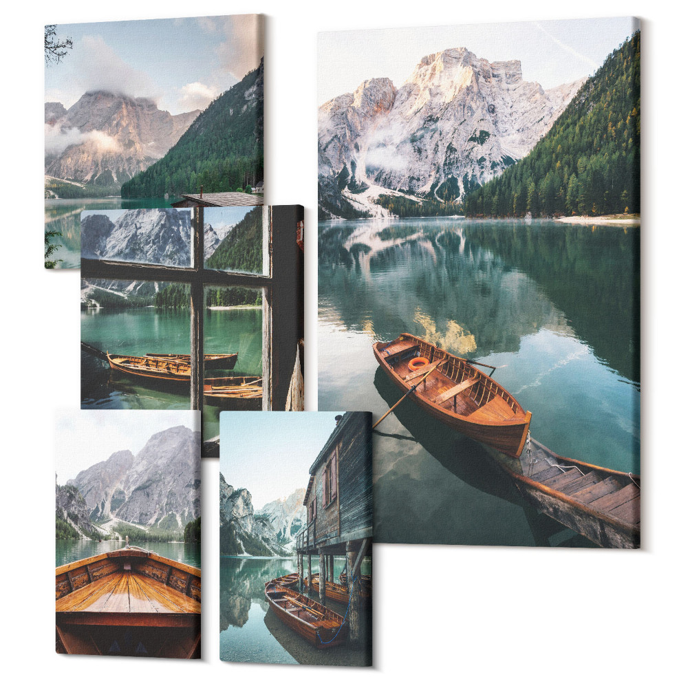 Sada obrazů pentaptych Klidná jezera a horské krajiny s loděmi