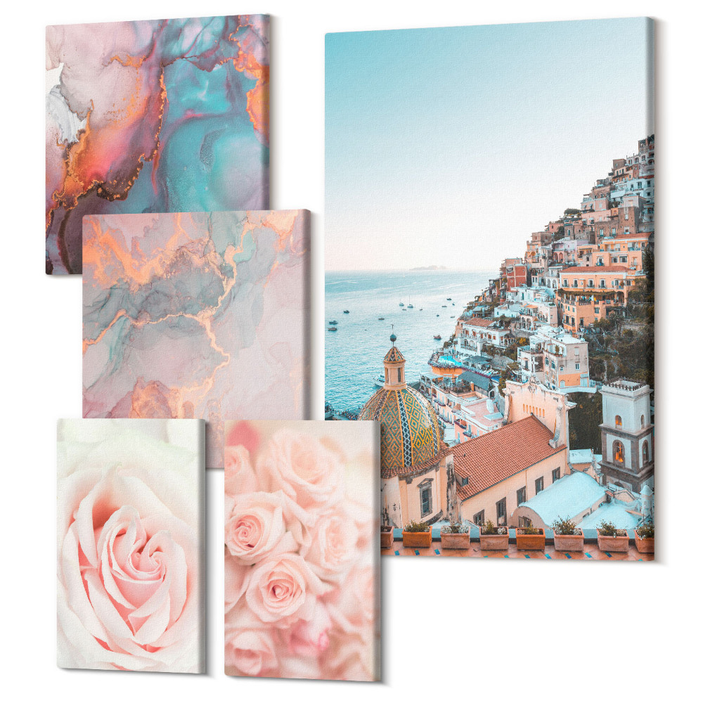 Sada obrazů pentaptych Romantické krajiny s růžemi a pastelovými akcenty