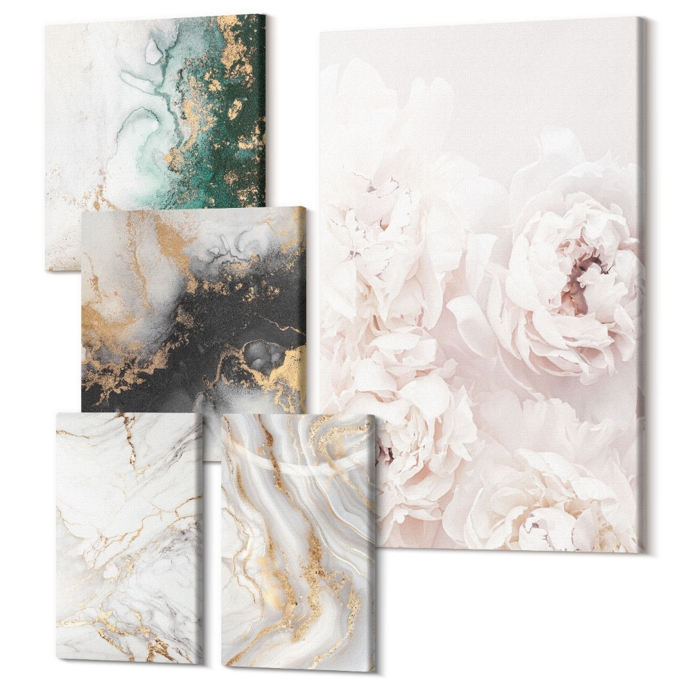 Sada obrazů na zeď pentaptych Květinové akcenty a abstraktní vzory v elegantním stylu