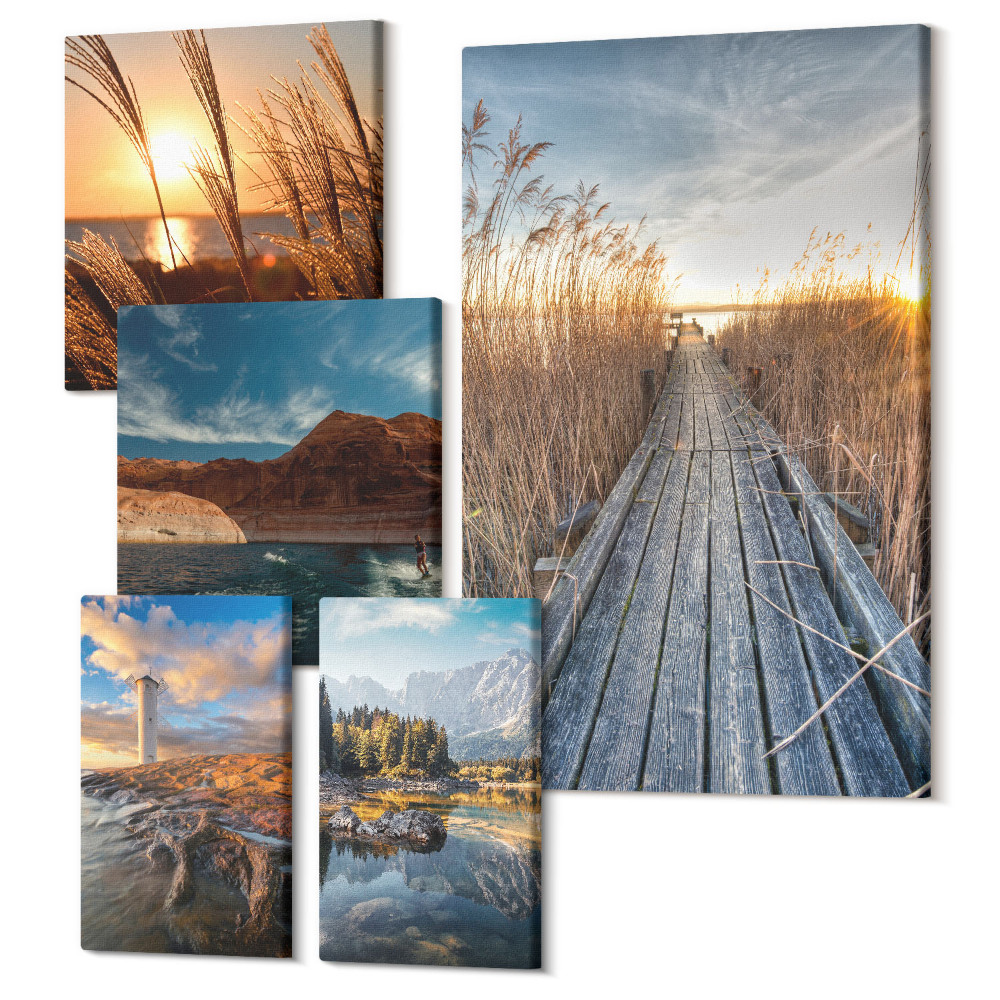 Sada obrazů pentaptych Přírodní krajiny s vodou a vegetací podél stezky