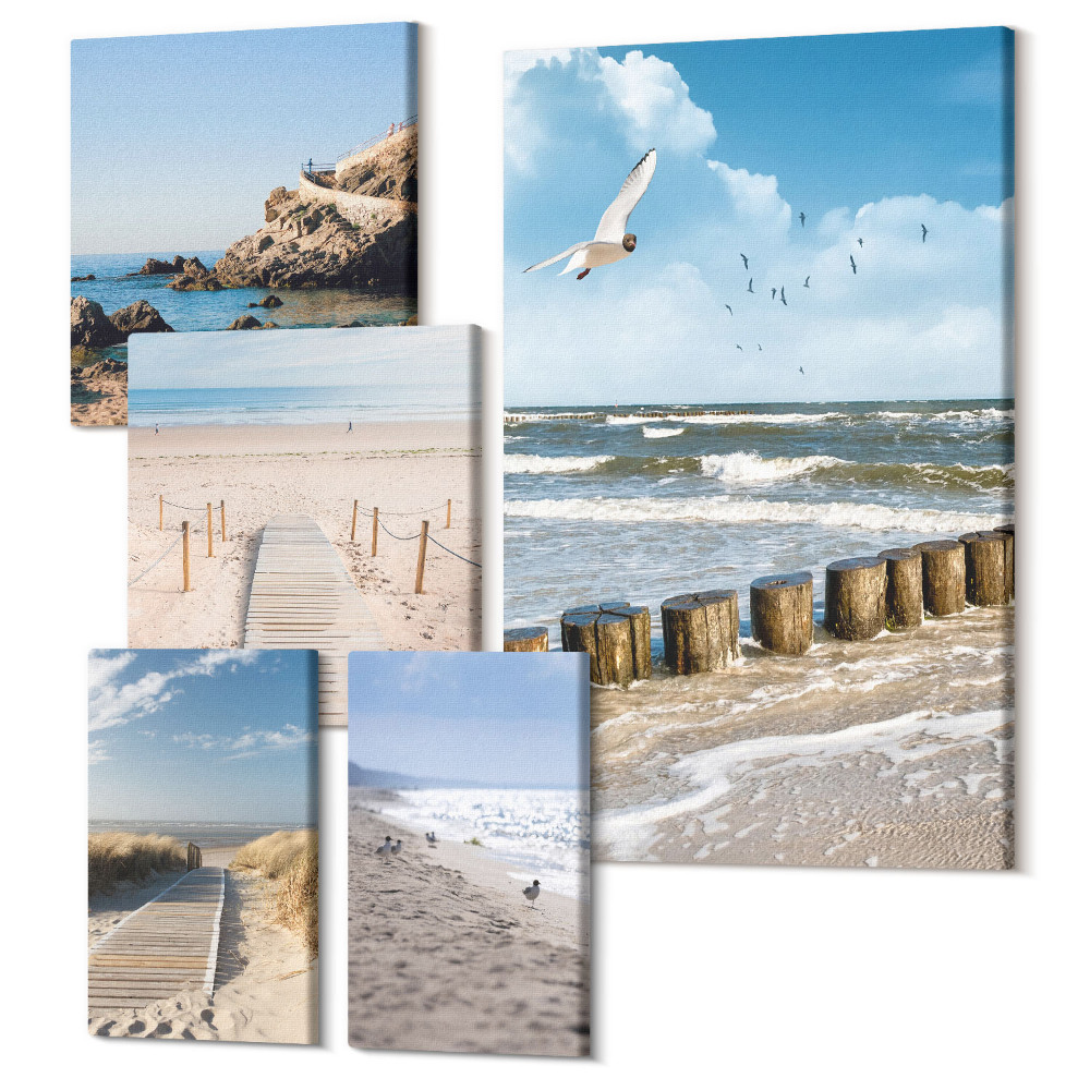Sada obrazů na zeď pentaptych Pobřežní krajina s plážemi a výhledem na moře