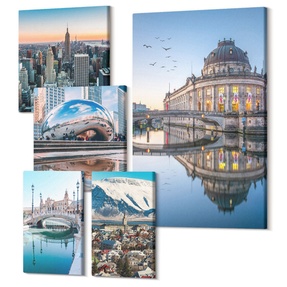 Sada obrazů pentaptych Městská krajina s moderní architekturou a přírodou