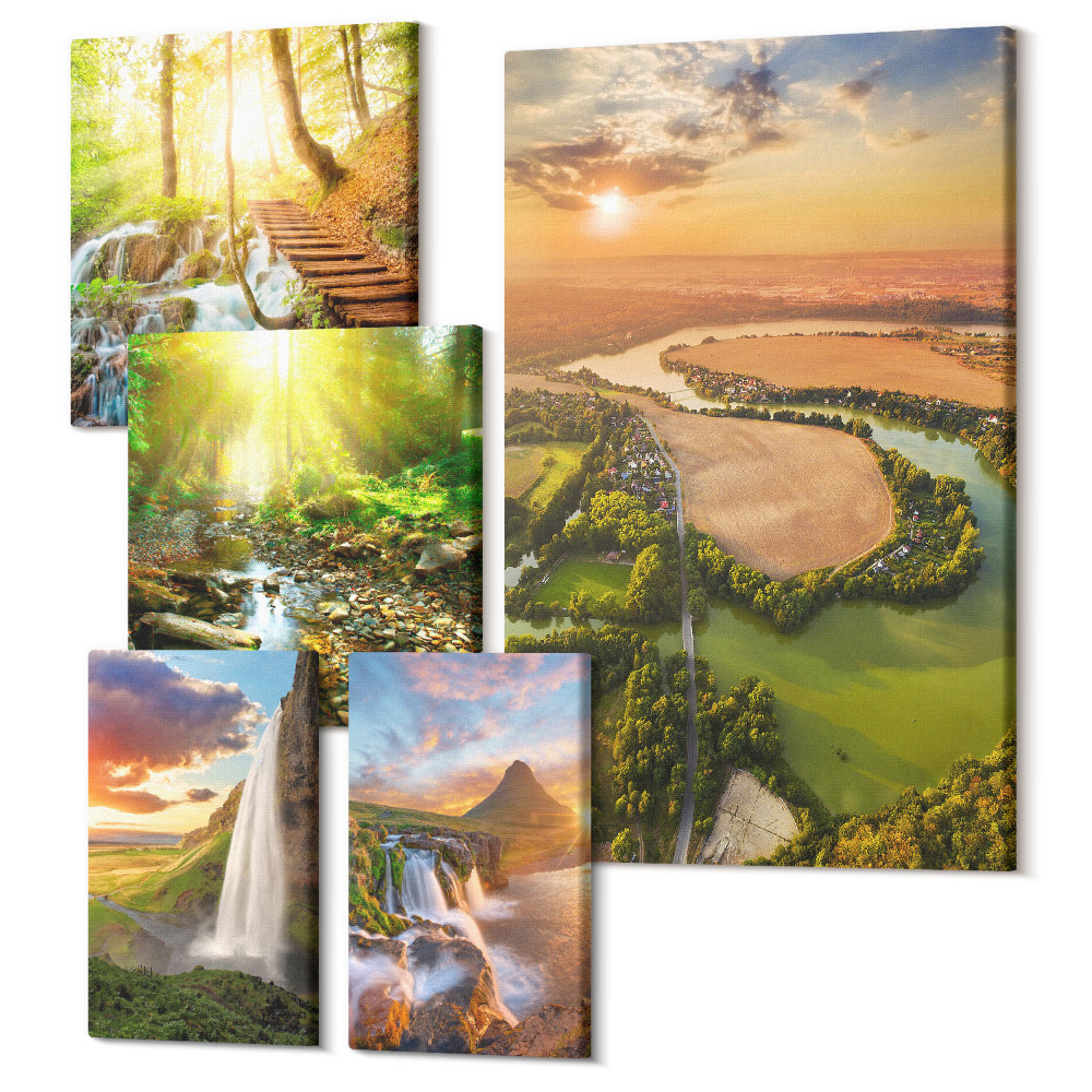 Sada 5 obrazů Přírodní krajiny s vodopády a zelenými údolími