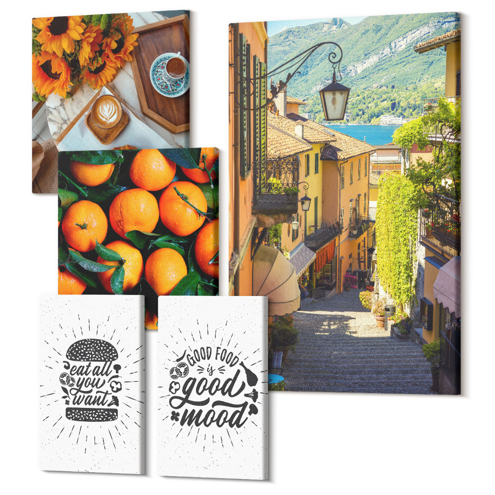 Sada obrazů pentaptych Atmosféra kavárny, výhled na ulici a lahodné akcenty