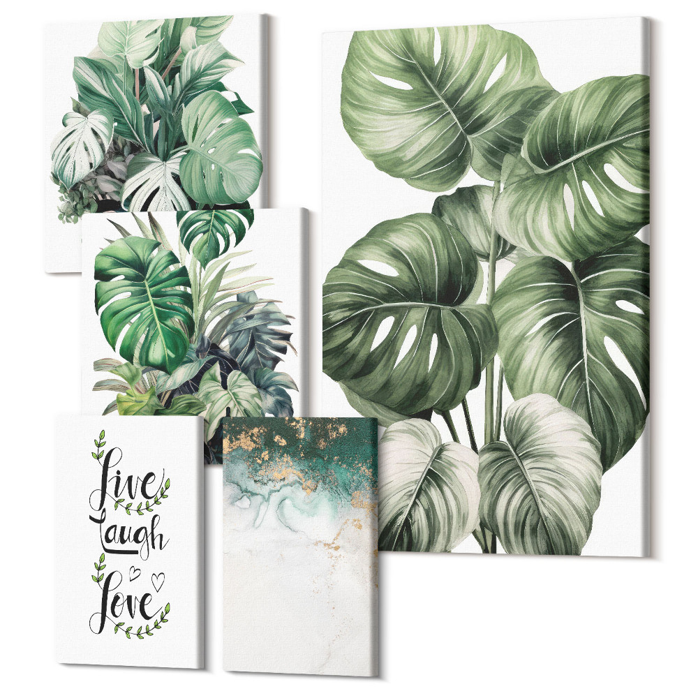 Sada 5 obrazů Rostlinné motivy s inspirativními citáty a abstraktní umění
