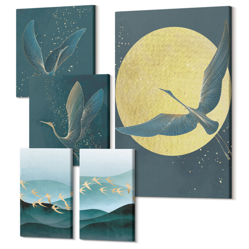 Sada obrazů na zeď pentaptych Krajiny s ptáky na noční obloze s měsícem