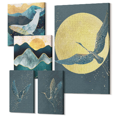 Sada obrazů pentaptych Ptáci v letu a horské krajiny v moderním stylu