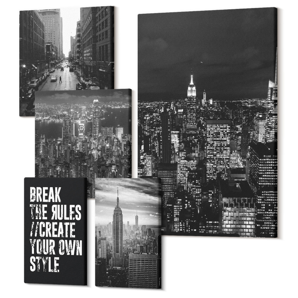 Sada obrazů pentaptych Pohledy na New York v černé a bílé s inspirativními slogany