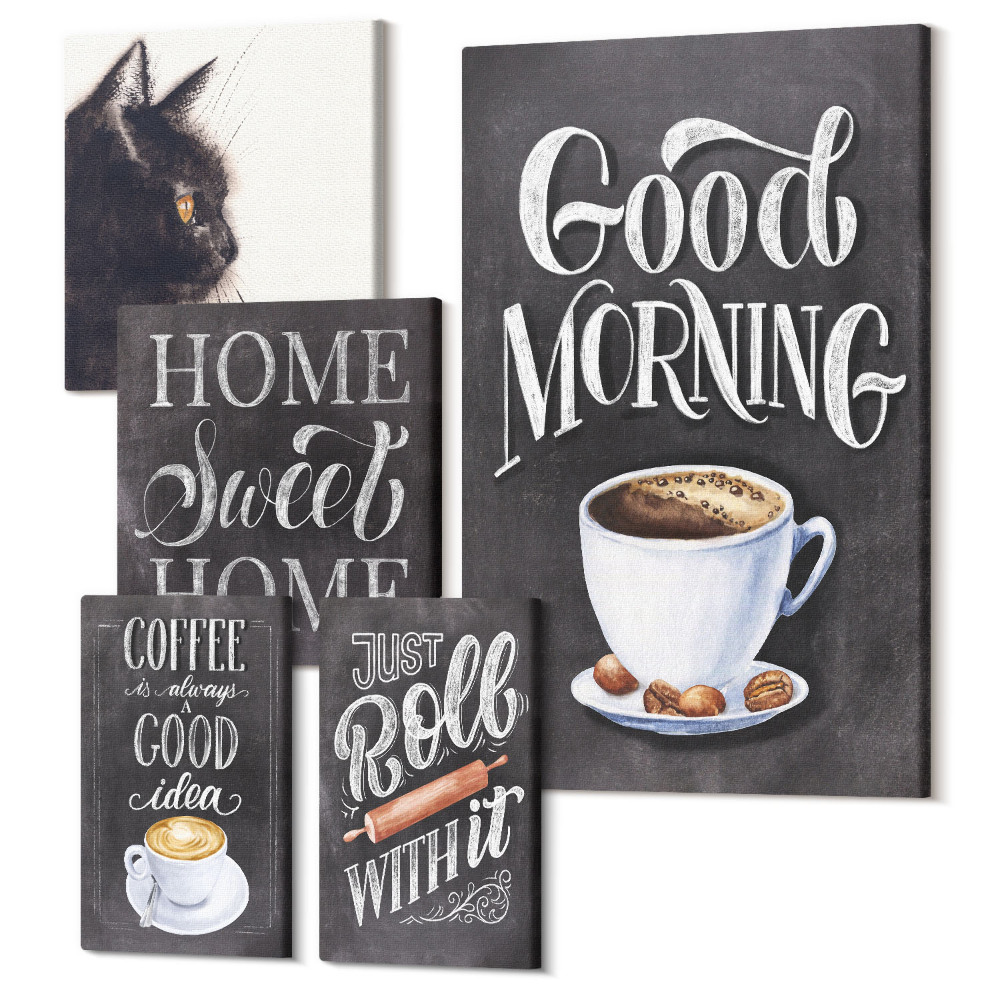 Sada obrazů pentaptych Kávové inspirace s kočkou a pozitivními slogany