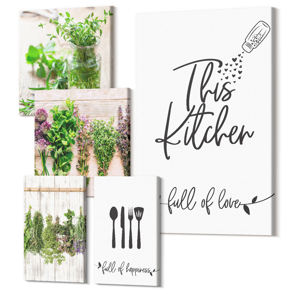 Sada obrazů na zeď pentaptych Kuchyňská inspirace s bylinkami a láskou k vaření