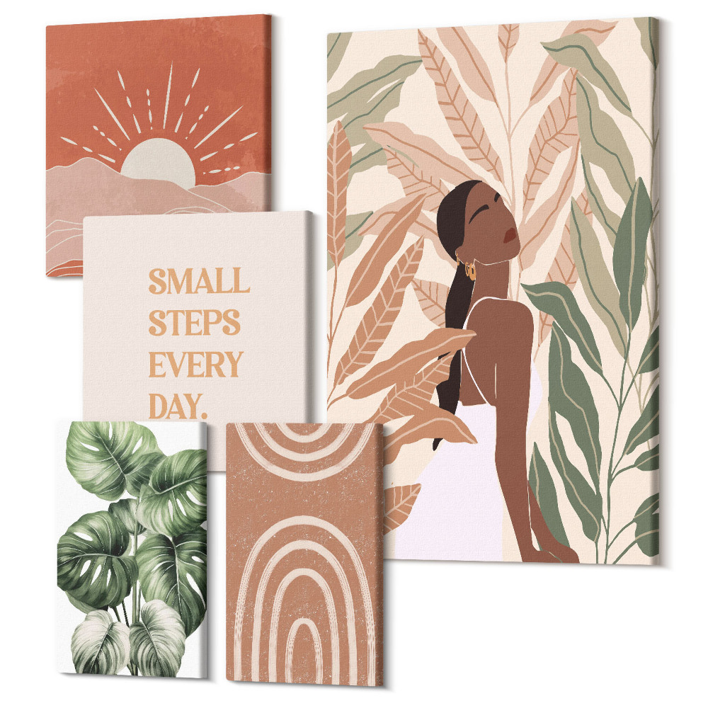 Sada obrazů pentaptych Boho styl s rostlinným motivem a pozitivními slogany