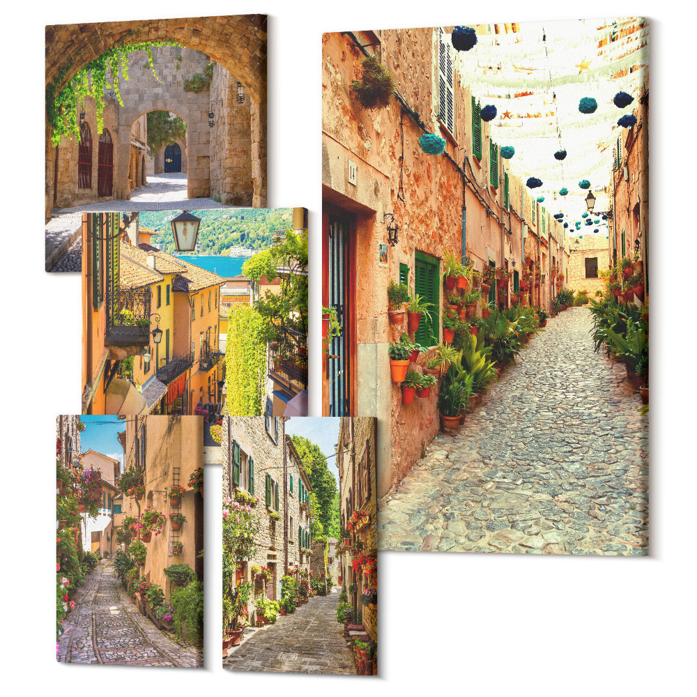 Sada 5 obrazů Okouzlující ulice se zelenými rostlinami ve městech