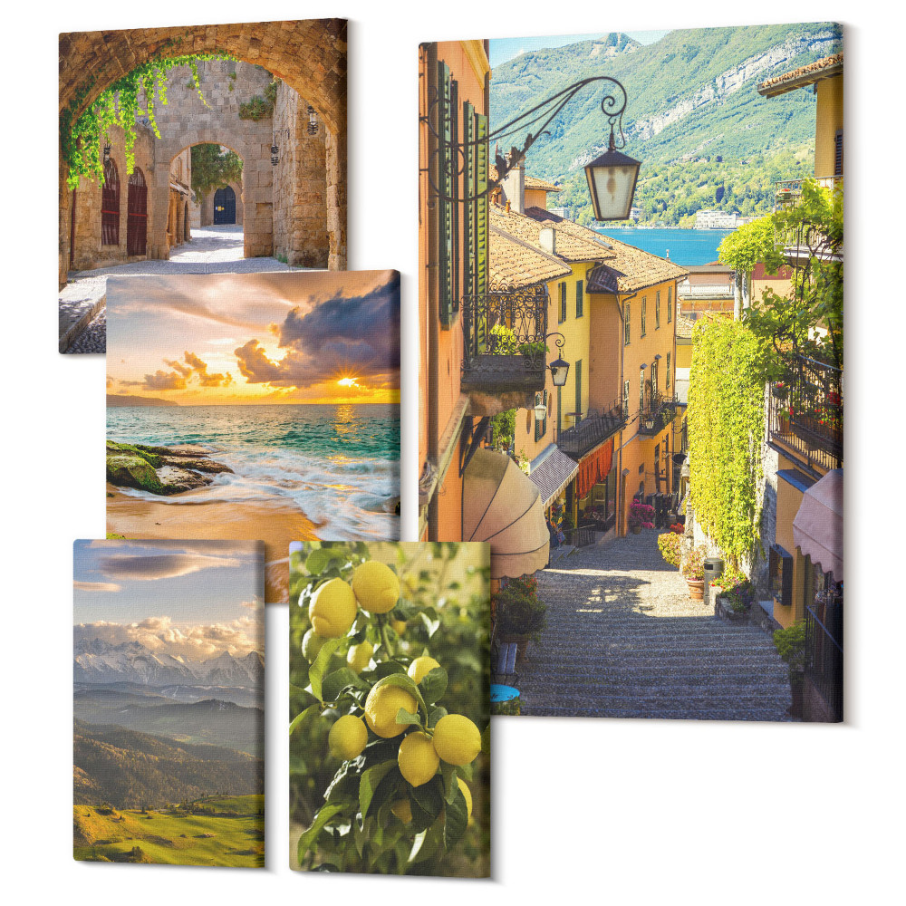 Sada 5 obrazů Okouzlující uličky a malebná přírodní krajina