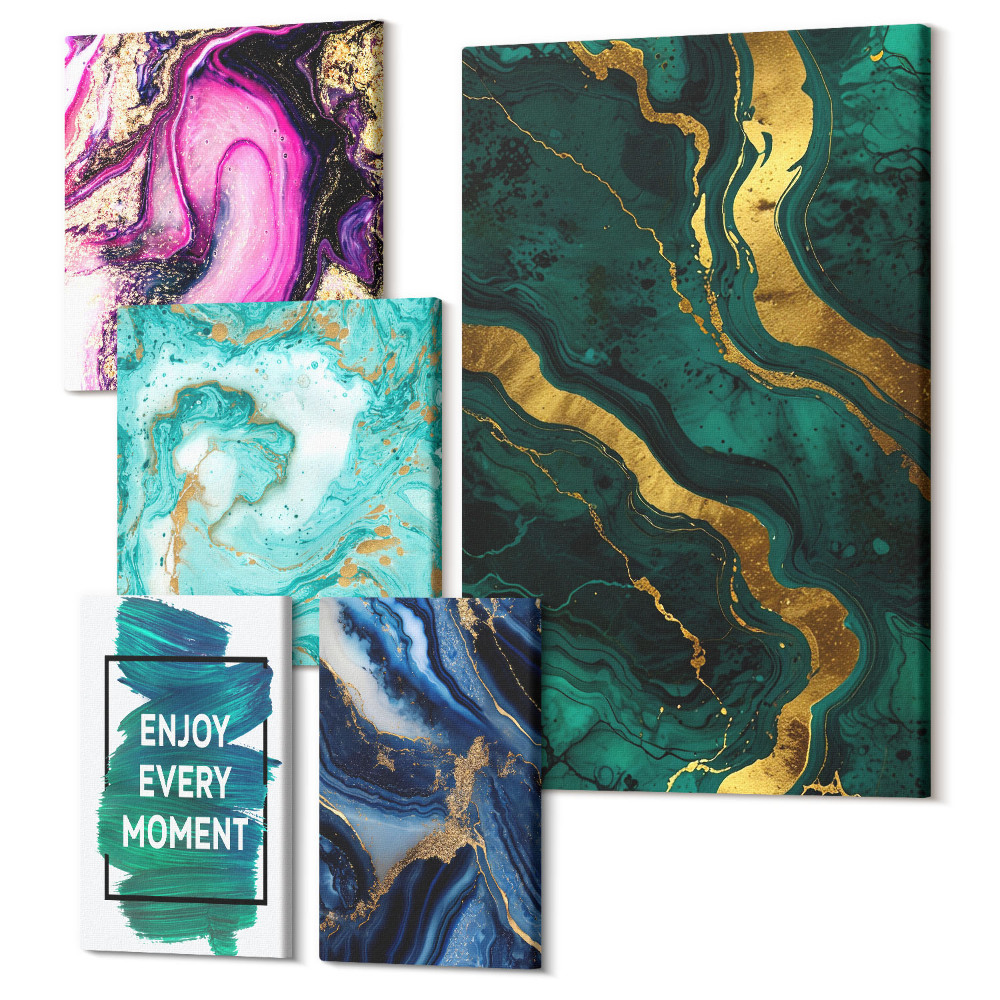 Sada obrazů na zeď pentaptych Abstraktní vzory v odstínech zelené a fialové