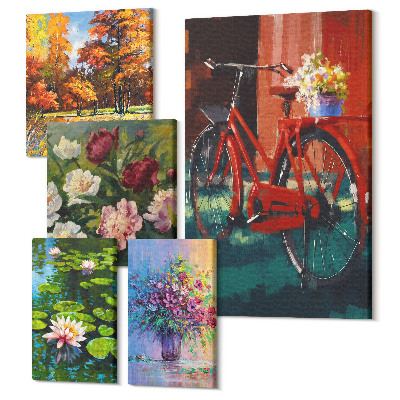 Sada 5 obrazů Květiny v jarních krajinách s kolem na pozadí přírody