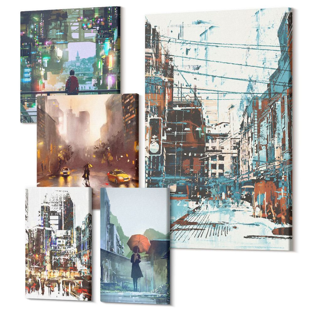 Sada obrazů pentaptych Moderní panoráma města s ulicemi a postavami