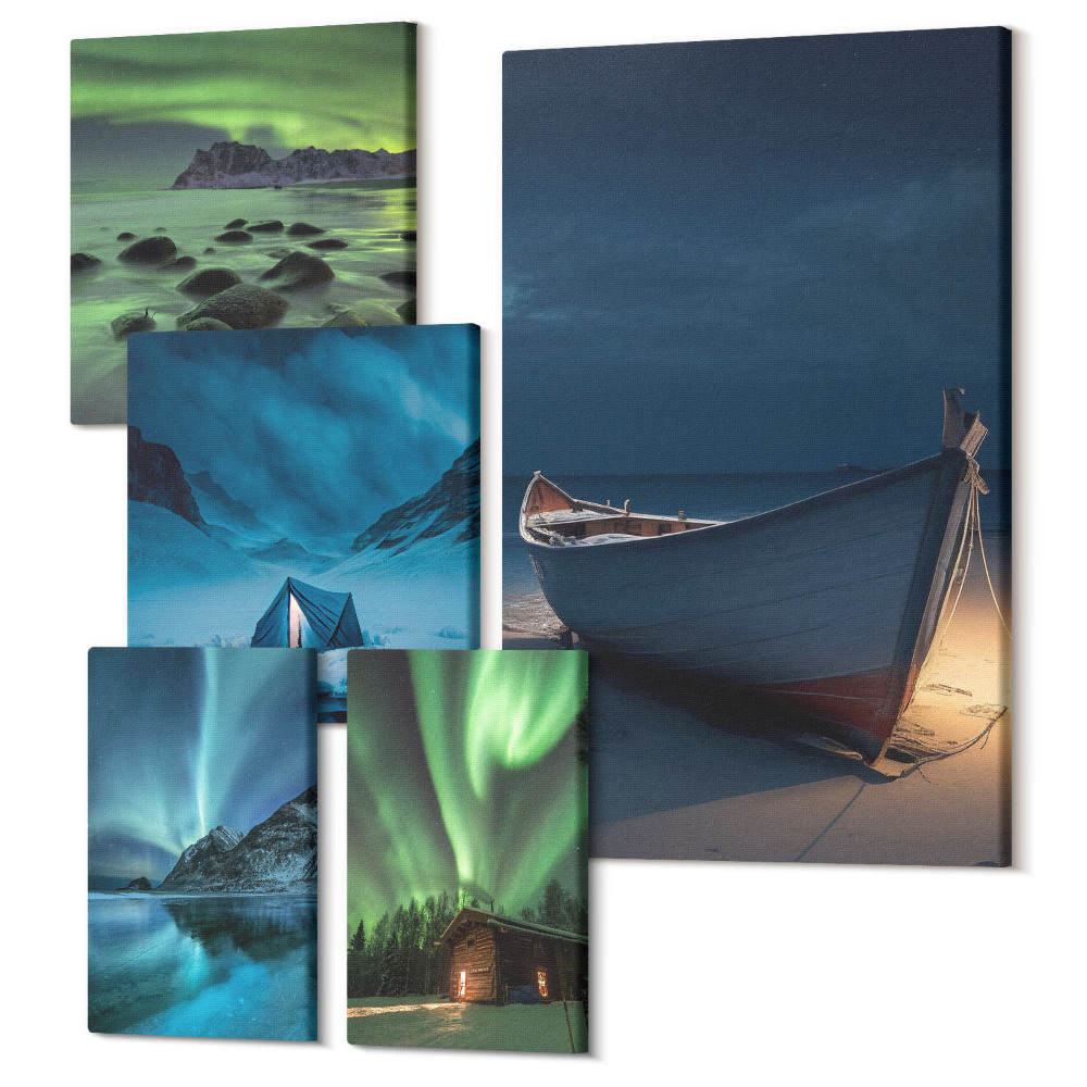 Sada 5 obrazů Zimní krajina s polární záři a noční oblohou