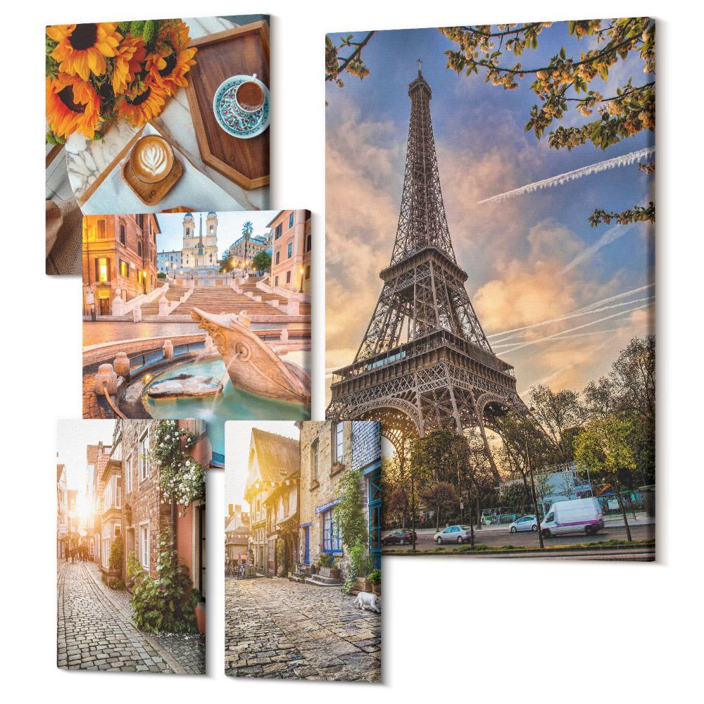Sada obrazů na zeď pentaptych Atmosférický, okouzlující výhled na evropská města a kavárny