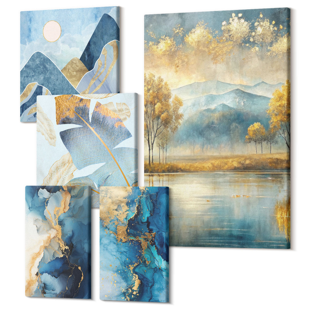 Sada obrazů na zeď pentaptych Stylové horské krajiny s rostlinnými akcenty